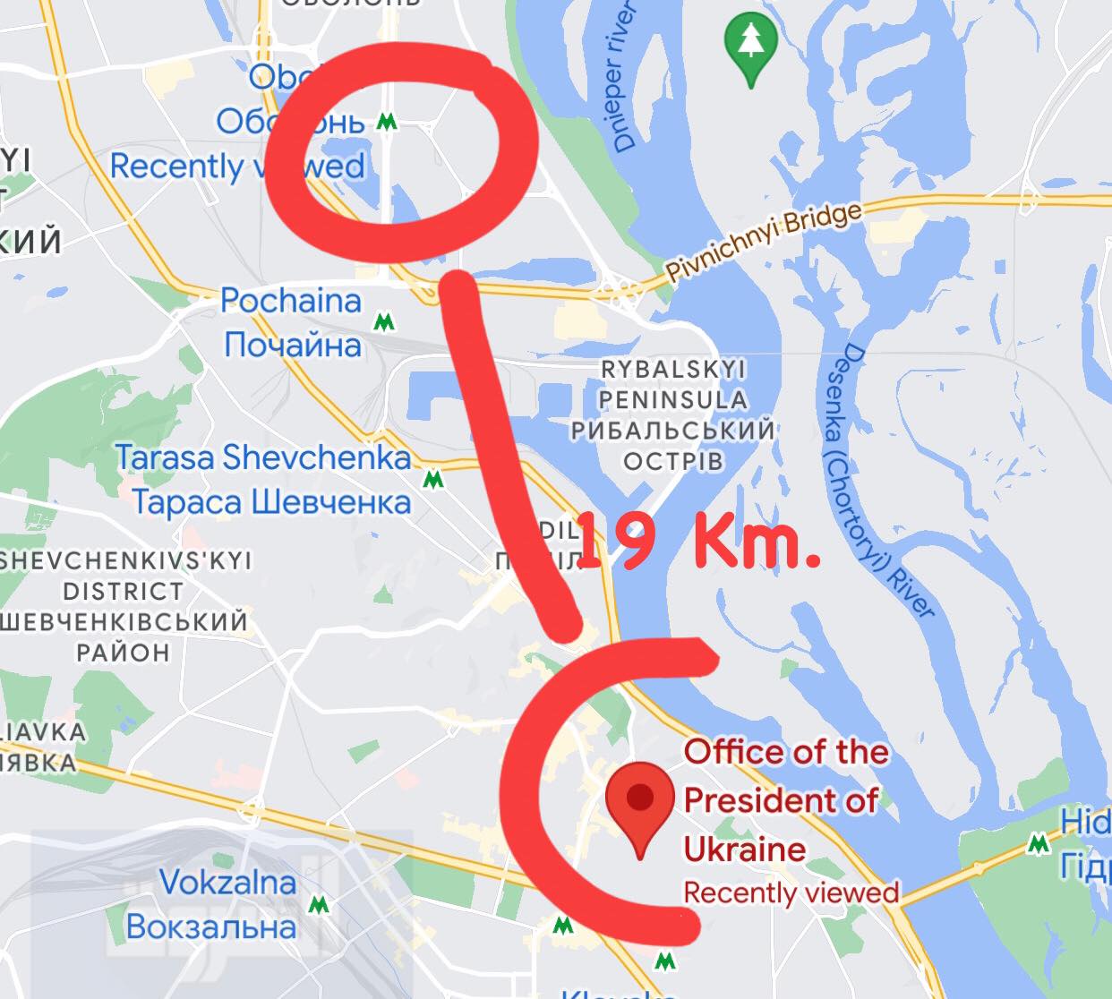 خريطة توضح المسافة بين أوبولون ومقر الرئاسة الأوكرانية